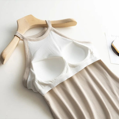 Slim Halter Neck Off-Shoulder Camisole Tops for Women - Stylish Solid Tank Tees with Chest Pad for Comfortable Summer Wear